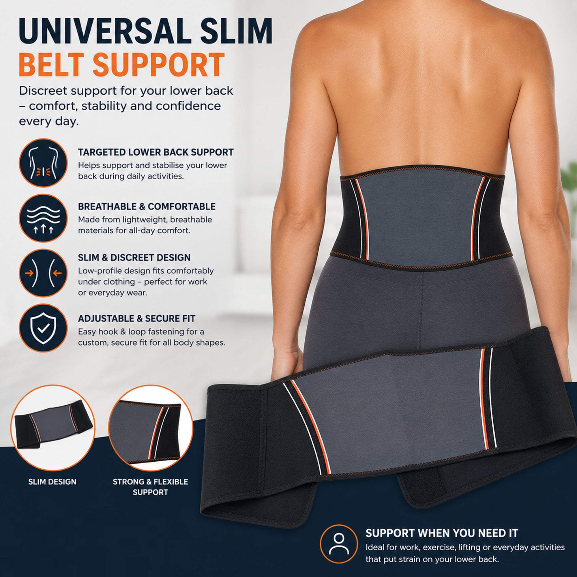 Neoprene Waist Support Lower Back Pain Belt Brace - Velcro, Strong Stitching