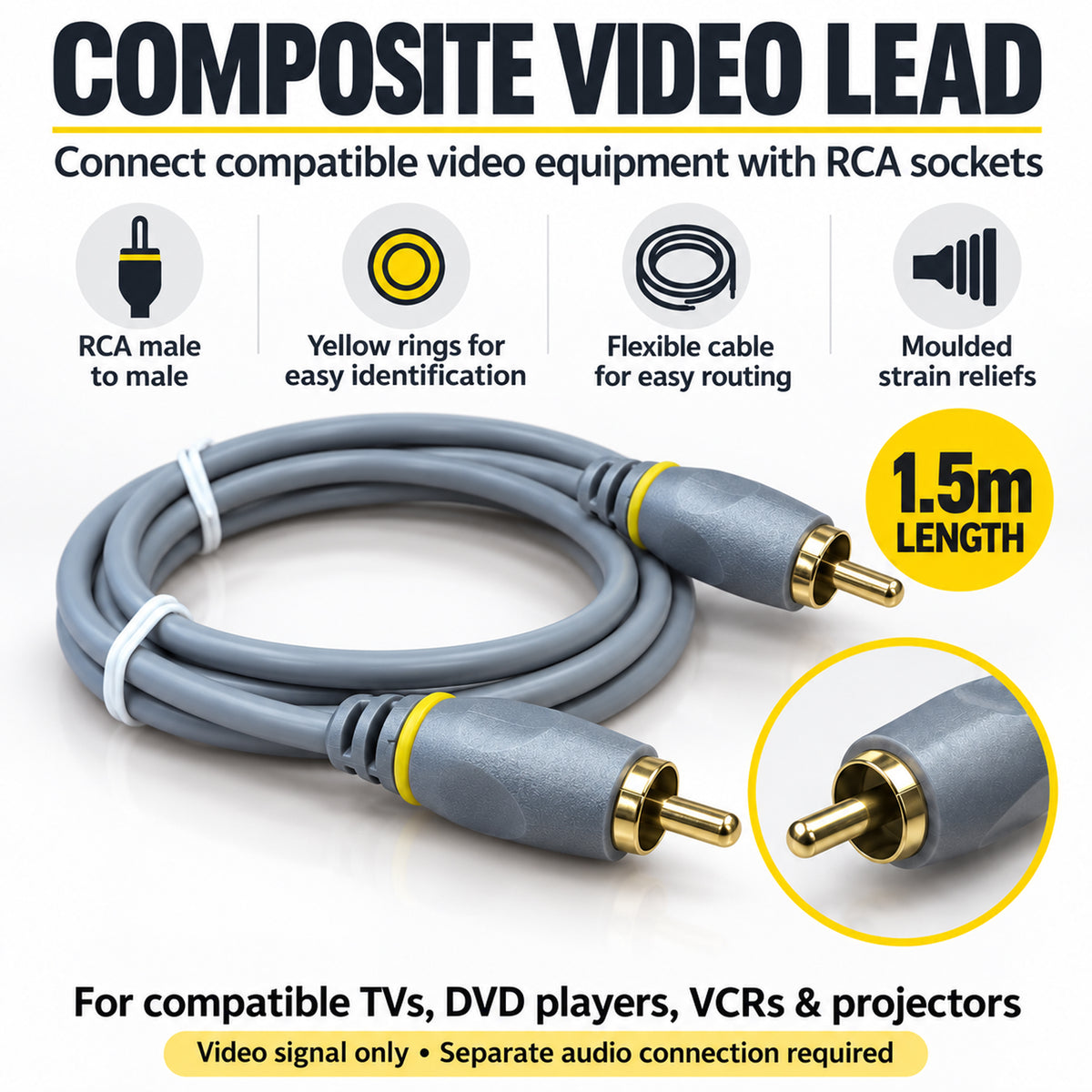 Silver Collection 5m RCA Phono Composite Video Signal Lead CCTV TV Picture