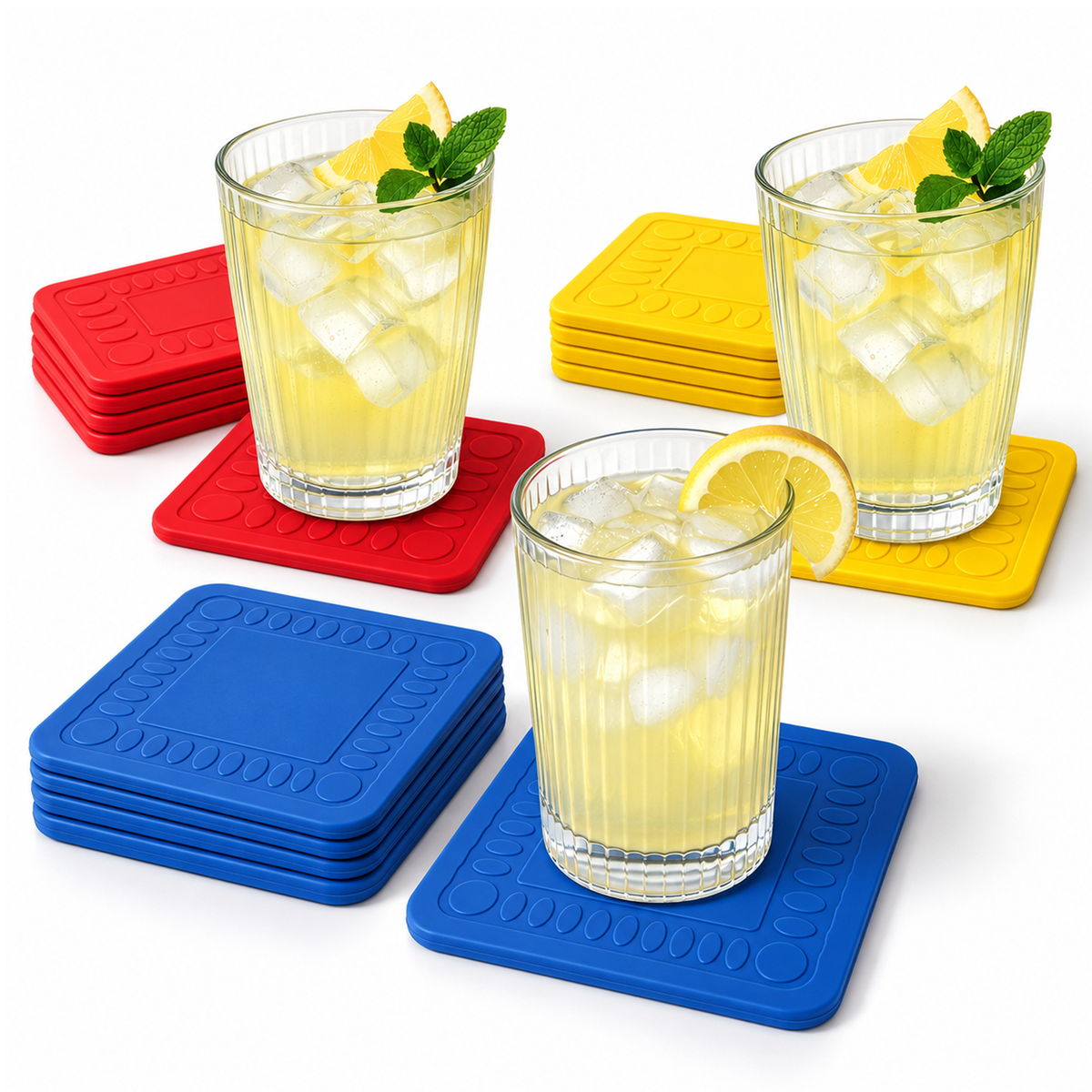 4pc Non Slip Silicone Coaster Set Secure Adhesion Red Blue Yellow