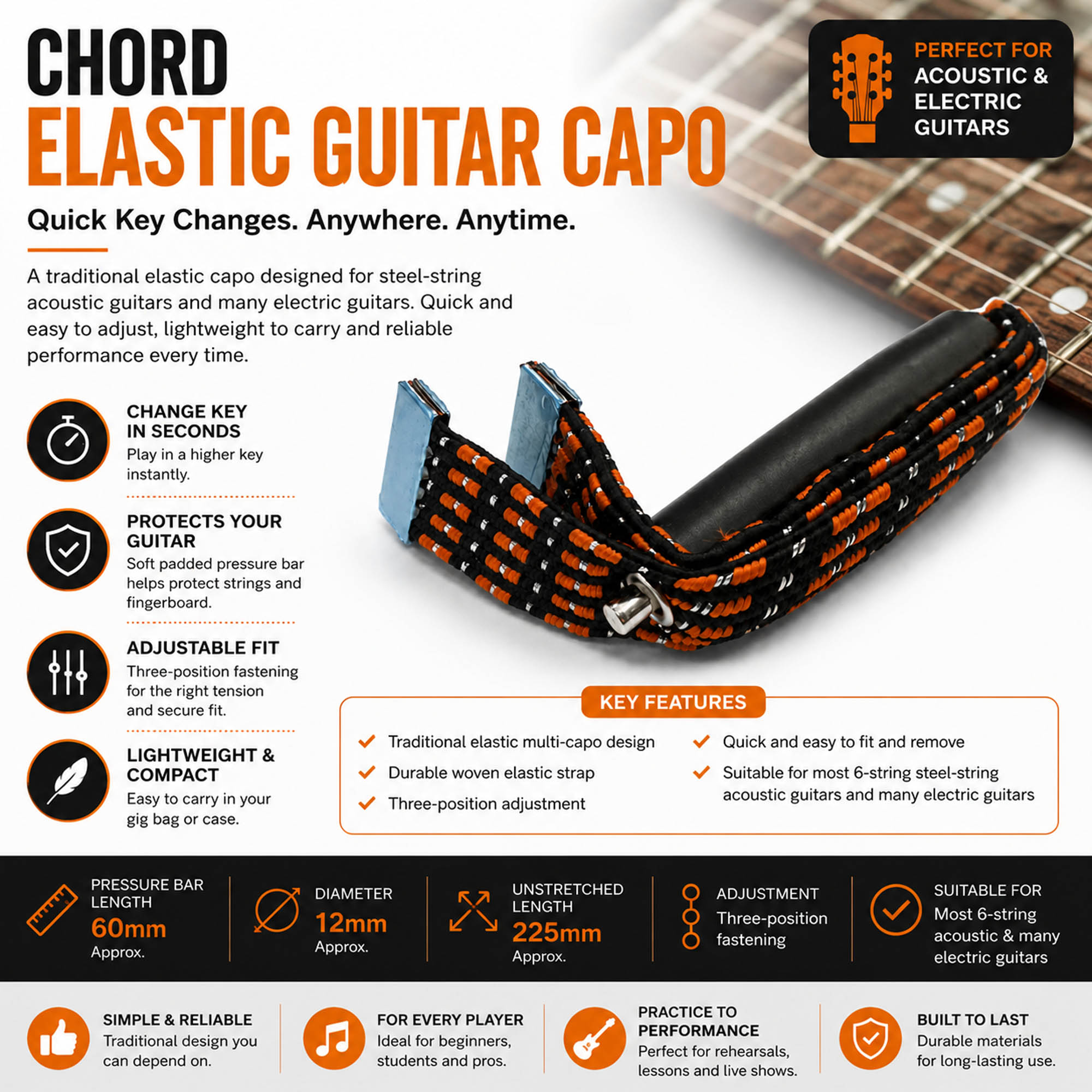 Elastic Capo Chord Easy Install Durable Multi Capo for Acoustic Guitars PAIR