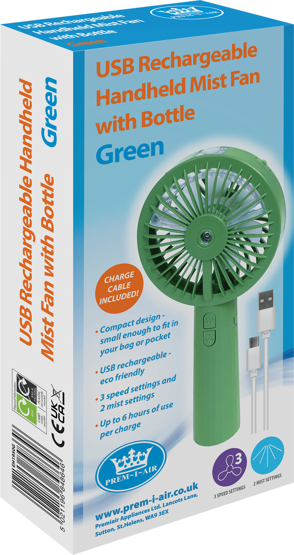 Mini Hand Held Mist Fan With Water Bottle Portable Compact Travel Rechargeable