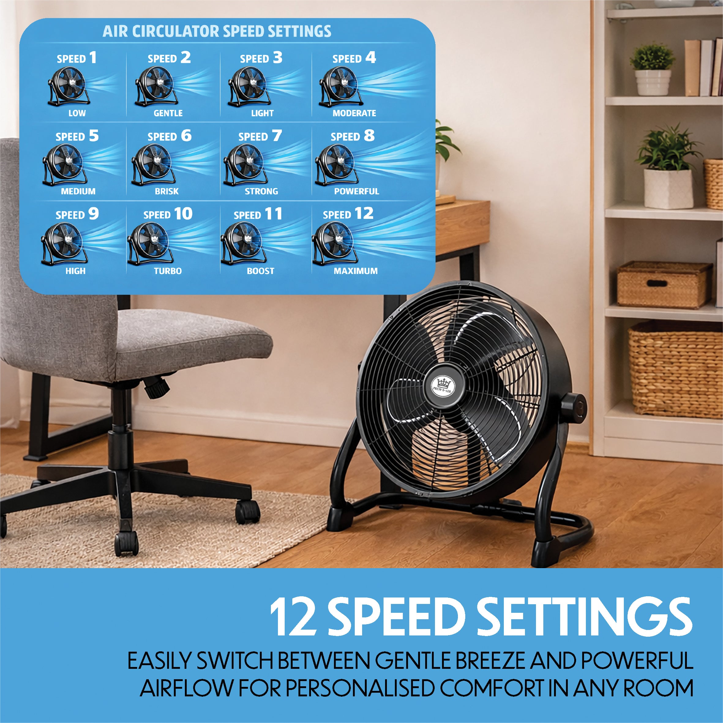 12" Rechargeable Air Circulator Black Wall Floor Fan