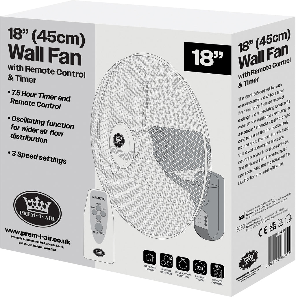 18 inch 3 Speed Oscillating Wall Fan with Remote Control and Timer
