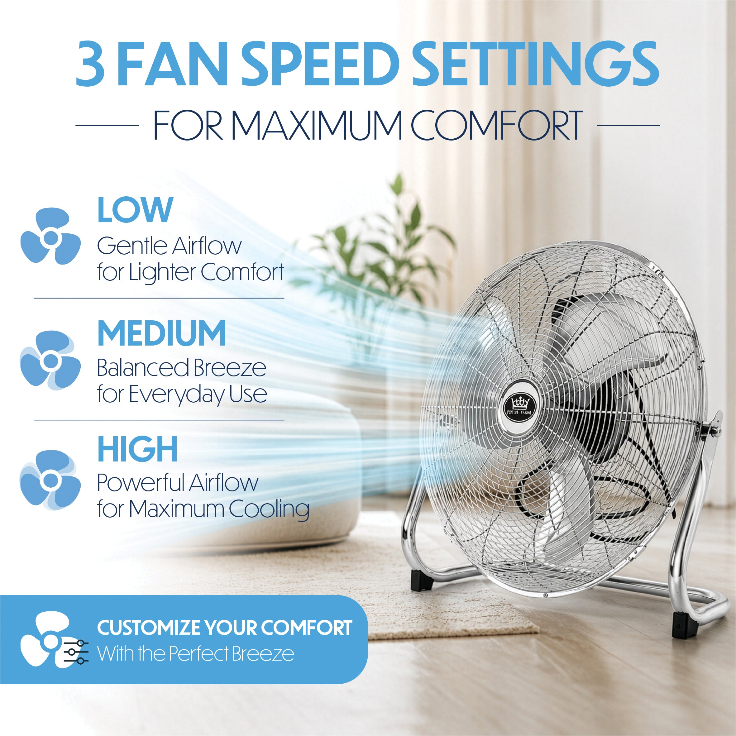 18" Chrome High Velocity Industrial 3 Speed Floor Fan Cooling