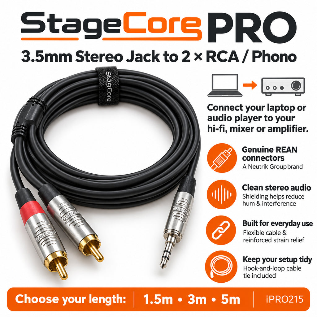 3.5mm Stereo Jack to Twin RCA Lead 1.5M 3.0M 5.0M Neutrik Rean iPRO215